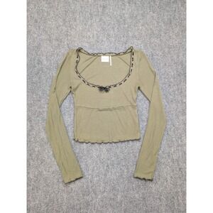 Out From Under Babydoll Top Long Sleeve Olive Green Lettuce Trim Bow Crop Medium